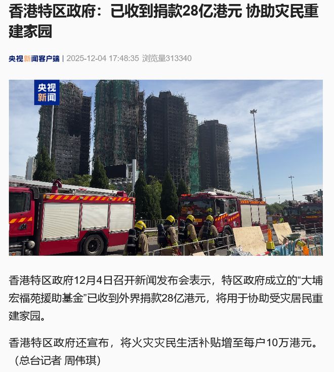 香港已收到28亿港元的外界捐款，宣布将火灾灾民生活补贴增至每户10万港元